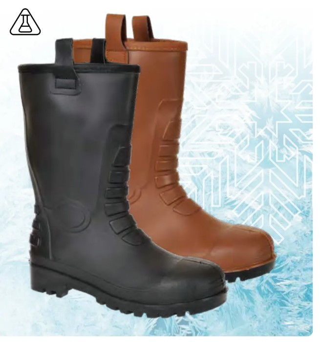 Imagen del zapato de seguridad S5 Neptune Rigger CI FW75 en color marrón y negro con enlace al artículo. En el fondo hay un patrón azul con copos de nieve estilizados.