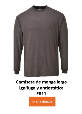 Camiseta de manga larga gris, ignífuga y antiestática. La camiseta de manga larga antiestática y ignífuga FR11 tiene cuello redondo y mangas largas, sin bolsillos ni adornos visibles. Es sencillo y ofrece protección contra el calor y la electricidad estática. El nombre de la prenda se encuentra debajo y un botón naranja o un clic en la imagen conducen al artículo.