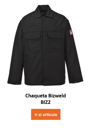 Una chaqueta ignífuga negra con mangas largas. La chaqueta ignífuga Bizweld BIZ2 tiene dos bolsillos en el pecho con solapa y se cierra por delante con botones. Hay un parche de certificado de seguridad en la manga izquierda. El nombre de la prenda se encuentra debajo y un botón naranja o un clic en la imagen conducen al artículo.