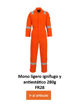 Un mono protector ignífugo y antiestático de color naranja con franjas reflectantes plateadas en brazos, piernas y hombros. El mono ignífugo y antiestático Bizflame 280 g FR28 tiene dos bolsillos en el pecho y se cierra con cremallera. El nombre de la prenda se encuentra debajo y un botón naranja o un clic en la imagen conducen al artículo.