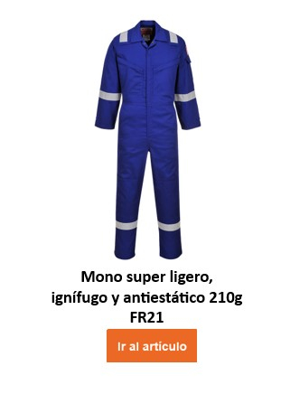 Un mono protector azul, ignífugo y antiestático con franjas reflectantes plateadas en brazos, piernas y hombros. El mono ignífugo y antiestático Bizflame 210g FR21 tiene dos bolsillos en el pecho y se cierra con cremallera. El nombre de la prenda se encuentra debajo y un botón naranja o un clic en la imagen conducen al artículo.