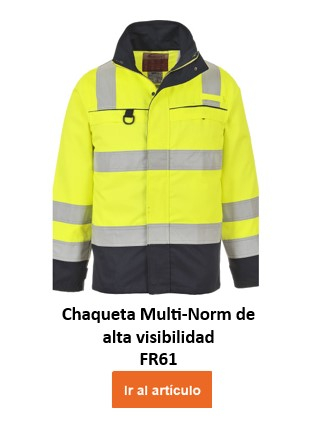 Una chaqueta de alta visibilidad amarilla y negra con rayas reflectantes plateadas en brazos, pecho y cintura. La chaqueta multinorma de alta visibilidad ignífuga y antiestática Bizflame FR61 tiene cuello alto, cremallera y botones de presión adicionales en la parte delantera. Cuenta con múltiples bolsillos, incluido un bolsillo en el pecho con cremallera. La mitad inferior de la chaqueta es negra mientras que el resto es amarilla para una mejor visibilidad. El nombre de la prenda se encuentra debajo y un botón naranja o un clic en la imagen conducen al artículo.