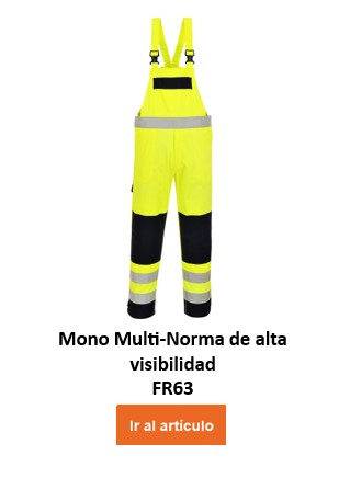 Un par de peto de alta visibilidad amarillo y negro con rayas reflectantes plateadas en las piernas. El peto multinorma de alta visibilidad FR63 tiene tirantes ajustables, un gran bolsillo en el pecho y bolsillos adicionales en las piernas. La mitad inferior de las piernas es negra mientras que el resto de la prenda es amarilla de alta visibilidad. El nombre de la prenda se encuentra debajo y un botón naranja o un clic en la imagen conducen al artículo.