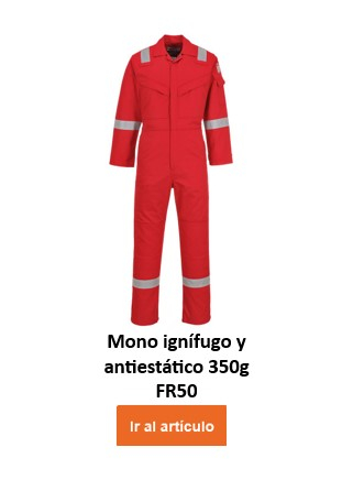 Un mono protector rojo ignífugo y antiestático con franjas reflectantes plateadas en brazos, piernas y hombros. El mono ignífugo y antiestático Bizflame 350g FR50 tiene dos bolsillos en el pecho y se cierra con cremallera. El nombre de la prenda se encuentra debajo y un botón naranja o un clic en la imagen conducen al artículo.