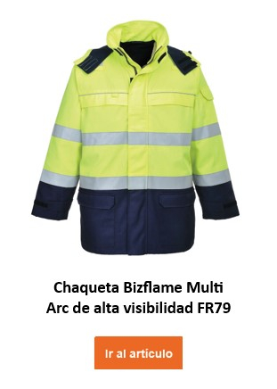 Chaqueta Bizflame arc flash multinorma de alta visibilidad FR79 en color amarillo con franjas reflectantes, especialmente diseñada para protección contra arco eléctrico. Se proporciona un enlace a la página del artículo.