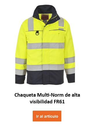 Chaqueta ignífuga, antiestática multinorma de alta visibilidad Bizflame FR61 en color amarillo con franjas reflectantes, ofrece protección y visibilidad integral. Se proporciona un enlace a la página del artículo.