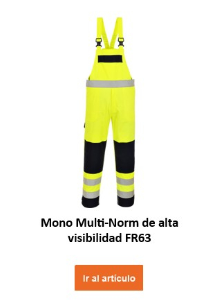 Peto multinorma de alta visibilidad FR63 en color amarillo con franjas reflectantes, ofrece protección y visibilidad en el trabajo. Se proporciona un enlace a la página del artículo.