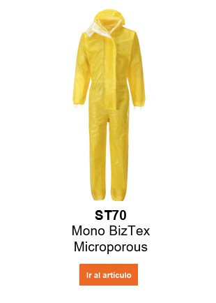 Imagen del mono desechable microporoso BizTex™ ST70 en color amarillo con un enlace que lleva a la página del artículo.