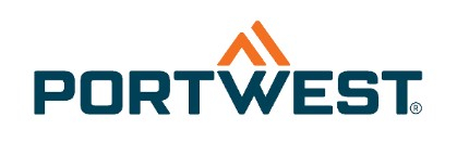 Logotipo del fabricante Portwest con escritura en azul oscuro y un doble triángulo naranja encima.