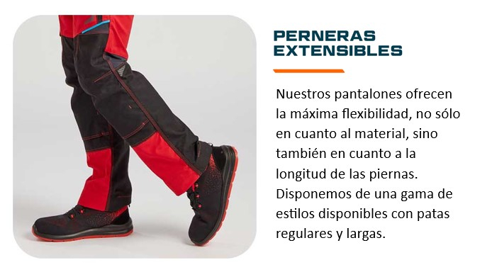 Piernas con ropa de trabajo roja y zapatos de trabajo con suela roja sobre un fondo blanco. Hay un enlace que lleva a nuestros pantalones de trabajo.