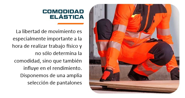 Torso y piernas de un trabajador vestido con ropa de trabajo naranja que levanta una tabla del suelo. Hay un enlace que lleva a nuestra ropa de trabajo con contenido elástico.