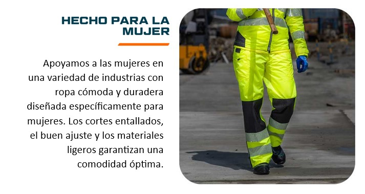 Torso y piernas de una trabajadora con ropa de trabajo amarilla. Existe un enlace que lleva a nuestra ropa de trabajo para mujer.