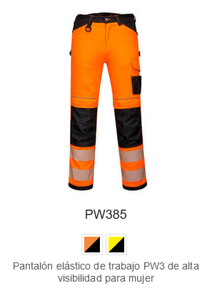 Pantalón de trabajo elástico de alta visibilidad PW3 para mujer PW385 en color naranja con detalles en negro y un enlace que lleva a la página del artículo.