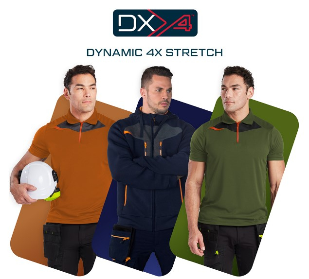 Tres hombres con ropa de trabajo de la colección DX4 de Portwest frente a tres muestras de color rojo óxido, azul oscuro y verde musgo, que reflejan los respectivos colores de la ropa de trabajo. Encima de la imagen está el logo rojo, azul y blanco de la colección DX4 y las palabras "DYNAMIC DX4 STRETCH". Hay un enlace que lleva a la colección DX4.