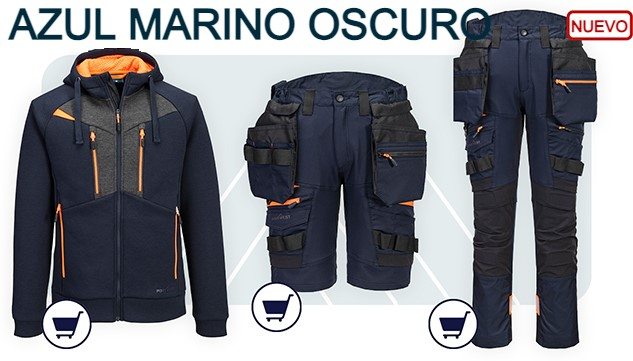 Sudadera con capucha DX4 con cremallera DX472 en color marino oscuro con enlace que lleva al artículo. A la derecha hay una imagen del pantalón corto DX4 con bolsillos tipo funda extraíbles DX444 en azul marino oscuro con un enlace al artículo y del pantalón DX4 DX440 con bolsillos tipo funda extraíbles en azul marino oscuro con un enlace a la página del artículo.