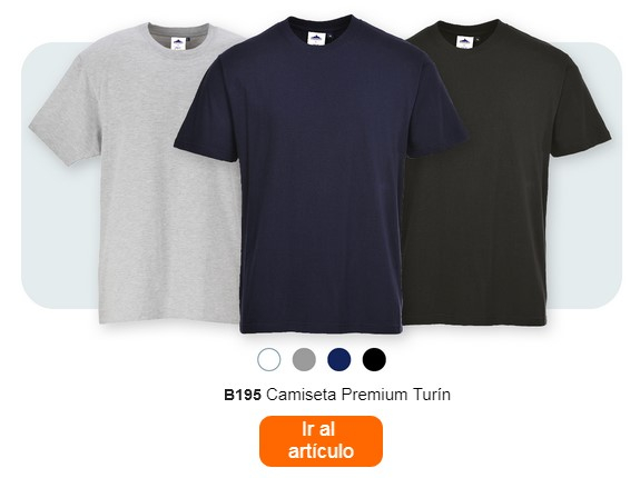 Tres camisetas de diferentes colores (gris, azul oscuro y negro) dispuestas una al lado de la otra. Debajo de las camisetas se pueden ver pequeños puntos de color en gris, blanco, azul oscuro y negro. Debajo aparece el texto “B195 Premium T-Shirt Turín”. En la parte inferior de la imagen se encuentra un botón naranja con un enlace a la página del artículo.