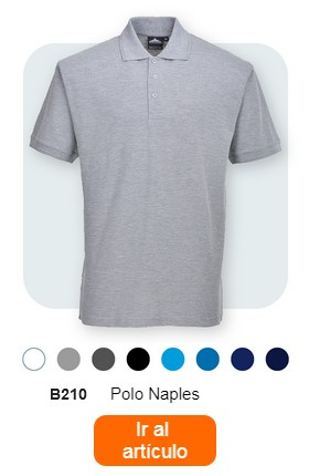 Un polo gris para hombre, con la etiqueta "polo Nápoles para hombre B210". Debajo del polo se pueden ver pequeños puntos de color en gris, azul claro, negro, azul oscuro, azul y azul oscuro. Debajo aparece el texto "Polo Nápoles B210 para hombre". En la parte inferior de la imagen se encuentra un botón naranja con un enlace a la página del artículo.