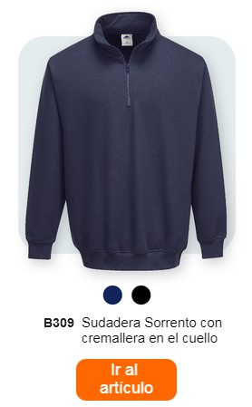 Una sudadera azul oscuro con cremallera en el cuello, con la etiqueta "Sudadera con cremallera B309 Sorrento". Debajo hay pequeños puntos de color en azul oscuro y negro. En la parte inferior de la imagen se encuentra un botón naranja con un enlace a la página del artículo.