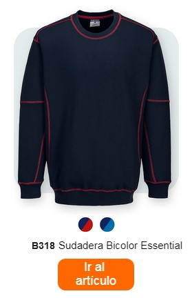 Una sudadera bicolor, denominada "Sudadera bicolor B318". La sudadera es de color azul oscuro con costuras rojas. Debajo hay pequeños puntos de colores en rojo y azul. En la parte inferior de la imagen se encuentra un botón naranja con un enlace a la página del artículo.