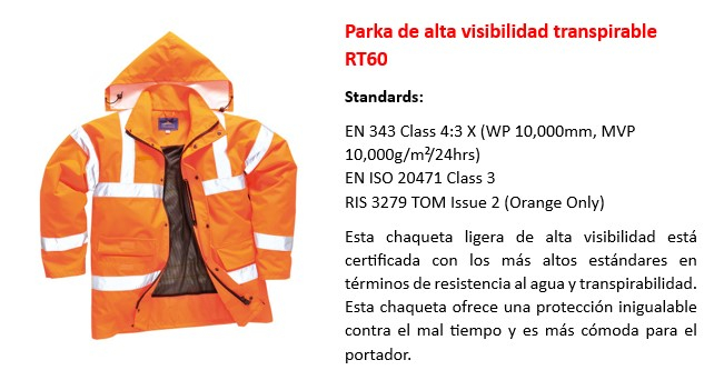 Imagen de la chaqueta de alta visibilidad impermeable y transpirable RT60 en color naranja con enlace a la página del artículo.