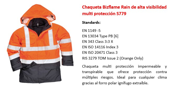 Imagen del impermeable multinorma de alta visibilidad Bizflame S779 en color naranja con un enlace que conduce a la página del artículo.