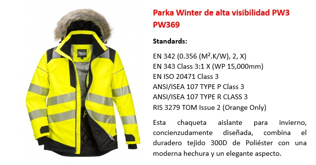 Imagen de la parka de invierno de alta visibilidad PW3 PW369 en color amarillo con enlace a la página del artículo.