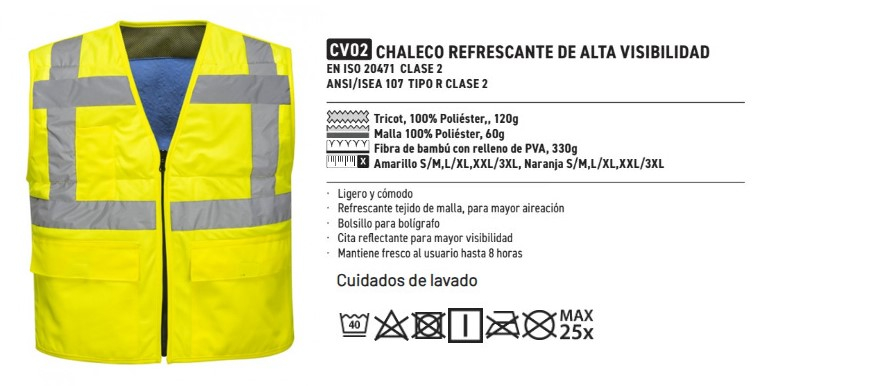 Imagen del chaleco refrigerante de alta visibilidad CV02 en color amarillo junto con una descripción de las características del artículo y recomendaciones de lavado. Los detalles se pueden encontrar en la página del artículo, a la que se accede a través del enlace proporcionado.