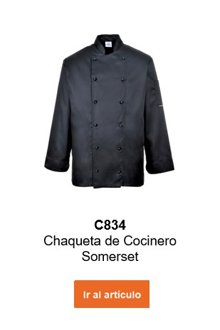 Imagen de la chaqueta de chef Somerset C834 en color negro con un enlace que lleva a la página del artículo.