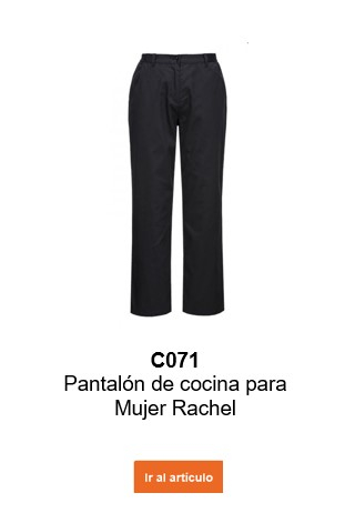 Imagen del pantalón de cocinero para mujer Rachel C071 en color negro con un enlace que lleva a la página del artículo.