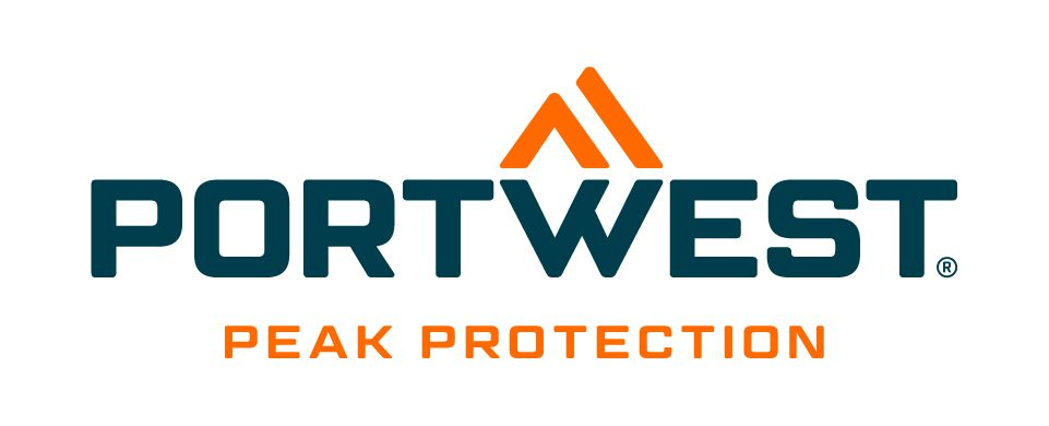 Logotipo de la empresa Portwest en azul y naranja sobre fondo blanco.