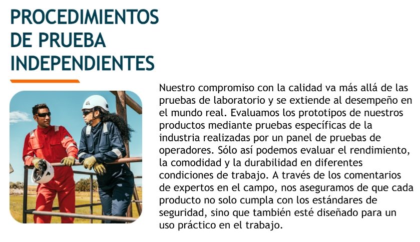 Imagen de dos trabajadores con ropa protectora roja y azul hablando mientras se apoyan en una barandilla. Arriba está el título "Procedimientos de prueba independientes", con un cuadro de texto a la derecha que explica por qué las pruebas externas son importantes.