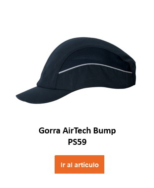 Una gorra antigolpes negra con ventilación integrada, denominada "gorra antigolpes Air Tech PW59". Un botón naranja con la etiqueta "Ir al artículo" se coloca en la parte inferior de la imagen y conduce a la página del artículo.