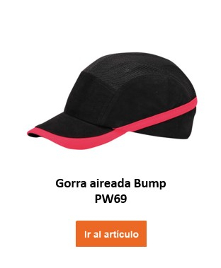 Una gorra protectora con ventilación negra con una franja roja, denominada "Vented Bump Cap PW69". Un botón naranja con la etiqueta "Ir al artículo" se coloca en la parte inferior de la imagen y conduce a la página del artículo.