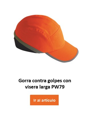 Una gorra naranja de alta visibilidad con detalles en gris, con la etiqueta "Gorra protectora de alta visibilidad PW79". Un botón naranja con la etiqueta "Ir al artículo" se coloca en la parte inferior de la imagen y conduce a la página del artículo.