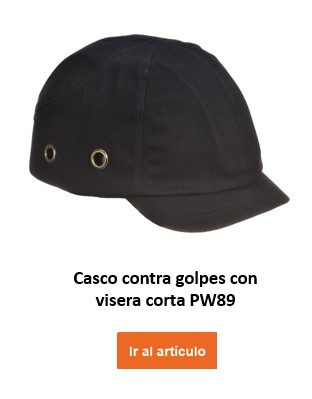 Una gorra protectora negra con visera corta y orificios de ventilación en los laterales, con la etiqueta "PW gorra protectora con visera corta PW89". Un botón naranja con la etiqueta "Ir al artículo" se coloca en la parte inferior de la imagen y conduce a la página del artículo.