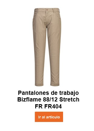 Pantalón elástico ignífugo FR404 en color beige con enlace que lleva a la página del artículo.