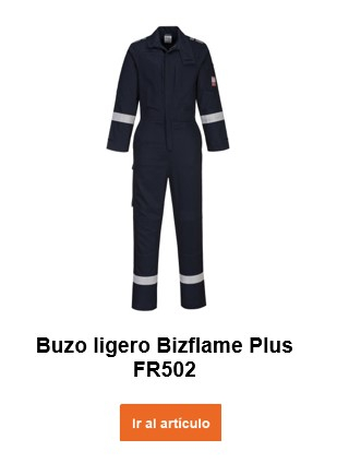 Traje de protección Bizflame Plus FR502 en color azul oscuro con enlace que lleva a la página del artículo.