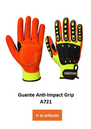 A721: Guante antiimpacto de color naranja con almohadillas protectoras amarillas y negras en el dorso de la mano y los dedos. El guante ofrece protección adicional contra golpes e impactos. Hay un vínculo que conduce al guante.