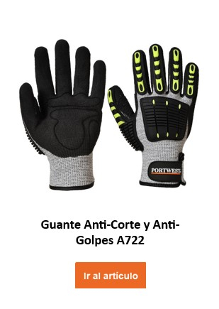 A722: Guante antiimpacto gris con almohadillas protectoras negras y amarillas en el dorso de la mano y los dedos. El guante ofrece protección adicional contra golpes e impactos. Hay un vínculo que conduce al guante.