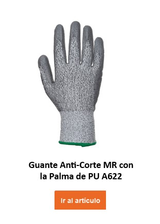 A622: Guante gris resistente a cortes con dorso tejido y palma recubierta. El guante ofrece protección adicional contra cortes y abrasiones. Hay un vínculo que conduce al guante.