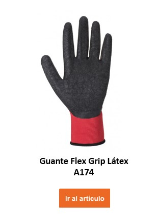 A174: Guante de trabajo negro con muñeca roja. La palma y los dedos tienen un revestimiento texturizado que proporciona un agarre adicional. Hay un vínculo que conduce al guante.