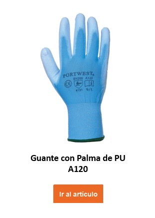 A120: Guante de trabajo azul con dorso tejido y palma recubierta. El guante tiene impreso el logotipo de Portwest, así como la información de talla y certificación. Hay un vínculo que conduce al guante.