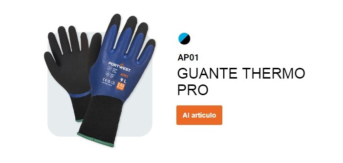 Guante AP01 Thermo Pro en color negro y azul con un botón que conduce a la página del artículo.