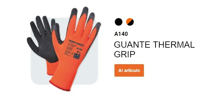 Guante de agarre térmico A140: látex en naranja y negro con un botón que conduce a la página del artículo.