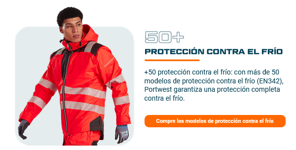 Imagen de un trabajador vestido de naranja brillante sobre un fondo gris. Al lado está el título "50 plus protección contra el frío" y un campo de texto con el siguiente texto: 50+ productos de protección contra el frío: Con más de 50 productos de protección contra el frío (EN342), Portwest ofrece una protección integral contra las condiciones ambientales frías. Un botón naranja conduce a nuestra selección de productos de protección contra el frío.