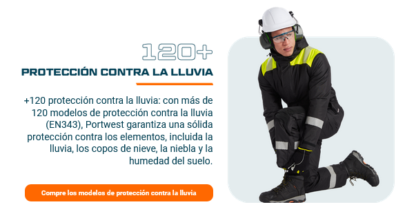 Imagen de un trabajador vestido de azul oscuro y amarillo con casco de seguridad. Al lado está el título "120 plus protección contra la lluvia" y un cuadro de texto con el siguiente texto: Más de 120 productos de protección contra la lluvia: Con más de 120 productos de protección contra la lluvia (EN343), Portwest garantiza una fuerte protección contra los elementos, incluyendo lluvia, nieve, niebla y humedad del suelo. Un botón naranja conduce a nuestros productos de protección contra la lluvia.