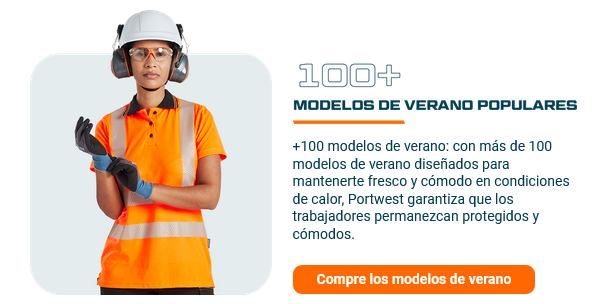 Imagen de una mujer vestida con ropa de trabajo naranja con casco de seguridad y guantes. Al lado está el título "Más de 100 modelos de verano populares" y un cuadro de texto con el siguiente texto: Más de 100 modelos de verano: Portwest garantiza que pueda mantenerse fresco y cómodo en climas cálidos con más de 100 modelos de verano. Un botón naranja conduce a nuestros modelos de verano.