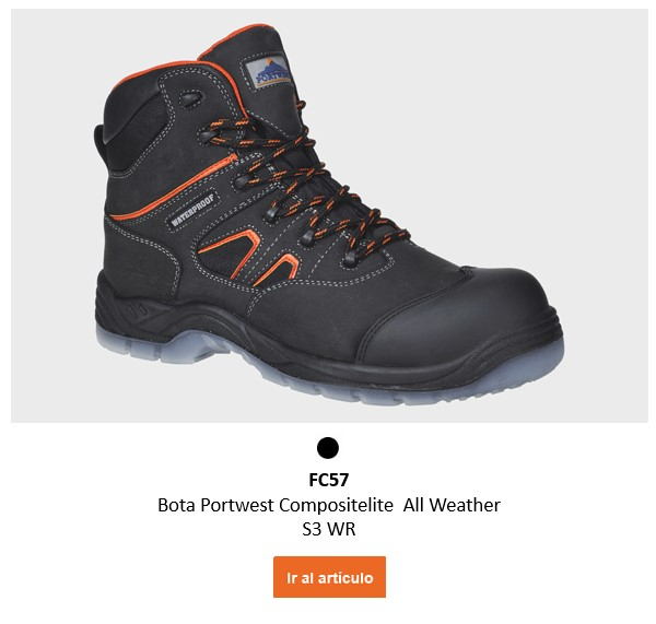 Imagen de la bota para todo clima FC57 Portwest Compositelite S3 WR en negro con detalles en naranja. Se proporciona un enlace a la página del artículo.