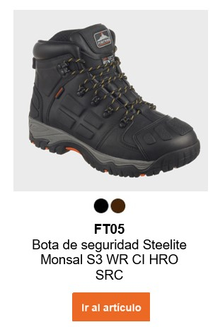 Imagen de las botas de seguridad FT05 Steelite Monsal S3 WR CI HRO SRC en color negro con detalles en gris. Se proporciona un enlace a la página del artículo.