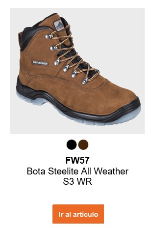 Imagen de la bota para todo clima Steelite FW57 S3 WR en color marrón. Se proporciona un enlace a la página del artículo.